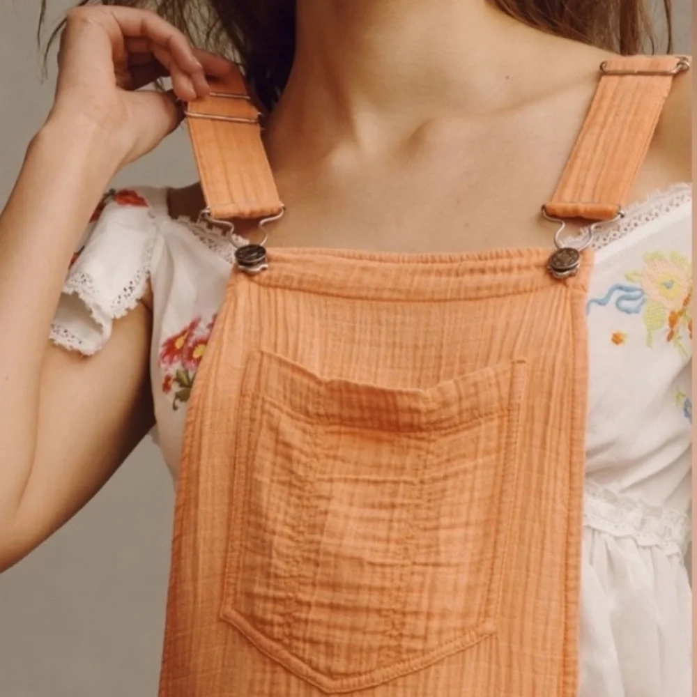 🟤NWT PILCRO by ANTHROPOLOGIE Gauze Overalls in Peach Sz 10 - Picture 2 of 5